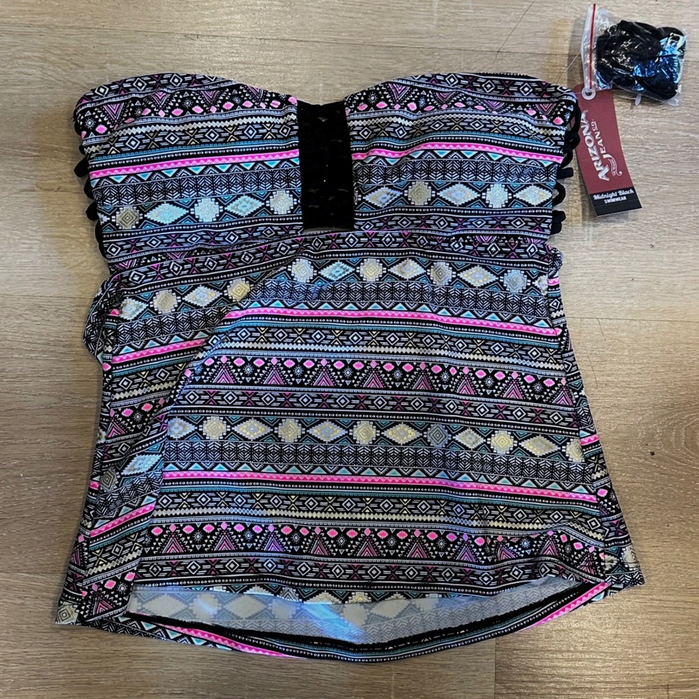 NWT Arizona Jean Co Tankini Top Size M Geometric Pattern Black Gold Pink Teal